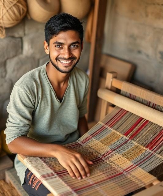 smiling-young-man-weaving-rug-on-loom-in-indian-villa (1)